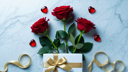Luxurious Gift Box with Gold Ribbon and Three Red Roses Surrounded by Glass Hearts on White Marble Surface.