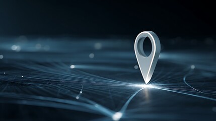 A glowing location pin superimposed on a complex network of illuminated blue lines