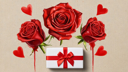 Three Vibrant Red Roses, Floating Hearts, and a Gift Box with Red Ribbon on a Canvas Background for Valentine's Day
