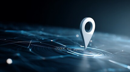 A close-up view of a 3D location pin above concentric circles and connecting lines