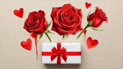 Romantic Trio Of Red Watercolor Roses And Floating Hearts Over A White Gift Box Tied With A Bright Red Satin Ribbon