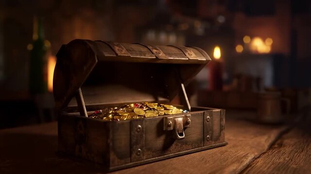 Opening treasure chest filled with gold coins in candlelit room