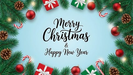 Merry Christmas and Happy New Year Border with Ornaments