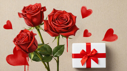 Vibrant Red Roses Bouquet with Watercolor Hearts and a Special Gift Box on Textured Canvas for Valentine's Day
