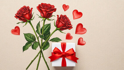Elegant Watercolor Illustration of Three Red Roses and a Gift Box Adorned with a Red Ribbon and Scattered Love Hearts