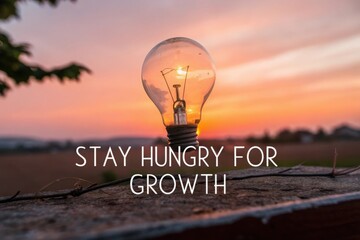 Light Bulb Illuminates Growth Quote at Sunrise with Inspirational Message