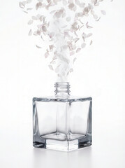 Delicate flower petals gracefully emerging from a clear glass bottle against a white background