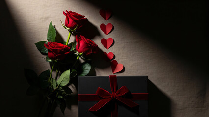 Dramatic Still Life of Deep Red Roses and Paper Hearts Beside a Luxurious Black Gift Box Tied with a Velvet Ribbon