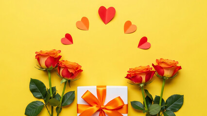 Romantic Flat Lay with Bright Orange Roses, Red Paper Hearts, and White Gift Box on a Cheerful Yellow Background