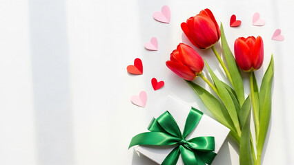 Vibrant Red Tulips Bouquet and Elegant White Gift Box with Green Satin Bow Surrounded by Pink and Red Hearts