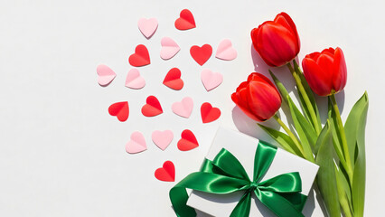 Elegant Flat Lay of Red Tulips, Paper Hearts, and White Gift Box with Green Ribbon for Valentine's Day