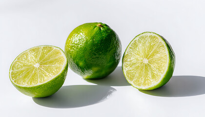 Close up of juicy green limes cut into halves and quarters on white background