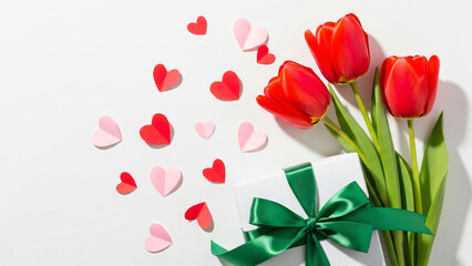 Elegant Flat Lay of Red Tulips, White Gift Box with Green Ribbon, and Scattered Pink and Red Paper Hearts on White