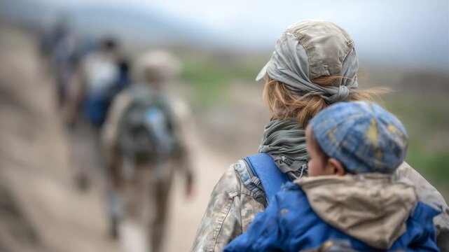 Refugees walking away from the camera in a long unbroken line, the woman in the foreground steadying her young child as they trek toward a remote border gate under a cloudy, muted