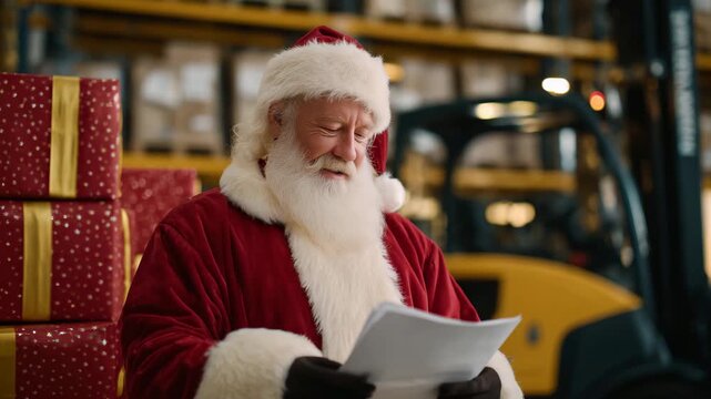 Santa Claus stands thoughtfully beside a towering stack of red and gold presents, reviewing a detailed manifest while forklifts move gifts in the bustling warehouse behind him