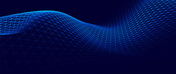 Hexagon Mesh Grid Waves on Dark Background. Tech Science or AI Innovation Banner Backdrop. Nanotech Abstract Digital Shield Surface or Landscape. Vector Illustration.  © ec0de