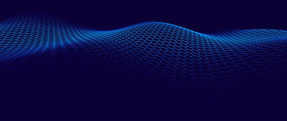Obraz premium Hexagon Mesh Grid Waves on Dark Background. Tech Science or AI Innovation Banner Backdrop. Nanotech Abstract Digital Shield Surface or Landscape. Vector Illustration. 