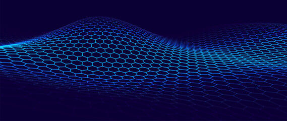 Hexagon Mesh Grid Waves on Dark Background. Tech Science or AI Innovation Banner Backdrop. Nanotech Abstract Digital Shield Surface or Landscape. Vector Illustration.  © ec0de