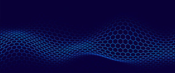 Obraz premium Hexagon Mesh Grid Waves on Dark Background. Tech Science or AI Innovation Banner Backdrop. Nanotech Abstract Digital Shield Surface or Landscape. Vector Illustration. 
