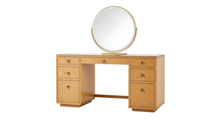 Elegant wooden vanity table with a round mirror and drawers.
