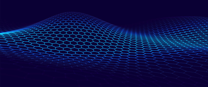 Hexagon Mesh Grid Waves on Dark Background. Tech Science or AI Innovation Banner Backdrop. Nanotech Abstract Digital Shield Surface or Landscape. Vector Illustration.

