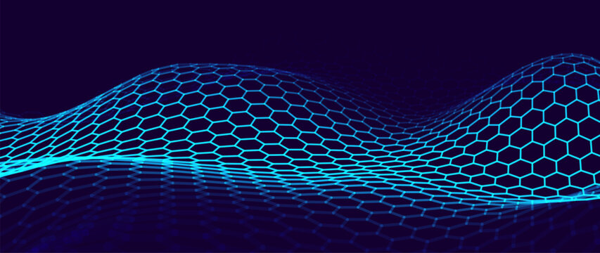 Hexagon Mesh Grid Waves on Dark Background. Tech Science or AI Innovation Banner Backdrop. Nanotech Abstract Digital Shield Surface or Landscape. Vector Illustration.
