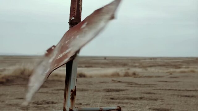 Rusty metal sign swinging in wind across desolate desert landscape