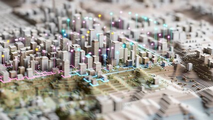 A city model is shown with a green hill in the background. Close-up fine grained urban environmental data layers mapped dynamic on miniature city surface, digital city ecosystem - Powered by Adobe