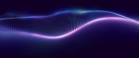 Big Data Flow With Glowing Particle Waves On Dark Background. Abstract AI Neural Network And Digital Communication Concept. Futuristic Tech Design. Vector Illustration.