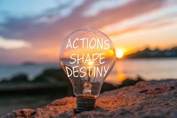 Light Bulb Illuminates Quote Actions Shape Destiny at Sunrise Horizon