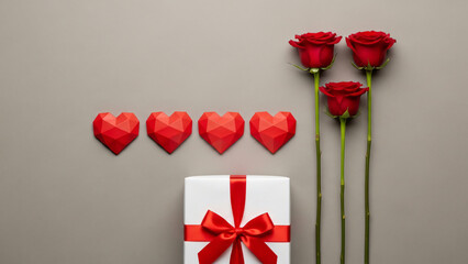 Four Geometric Red Hearts And Three Long-Stemmed Roses Arranged Above A White Gift Box On A Minimal Gray Background