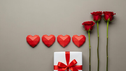 Top View of Four Polygonal Red Hearts, Three Elegant Roses, and a White Gift Box on a Neutral Background