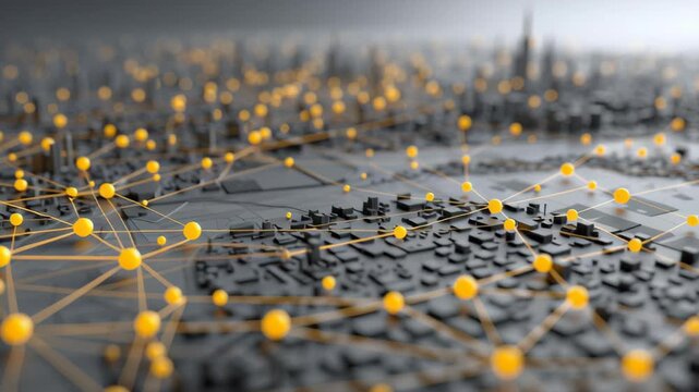 A cityscape with a network of yellow dots that are connected. Close-up micro drone traffic routing simulation nodes on minimal city landscape, data driven orchestration, digital city ecosystem
