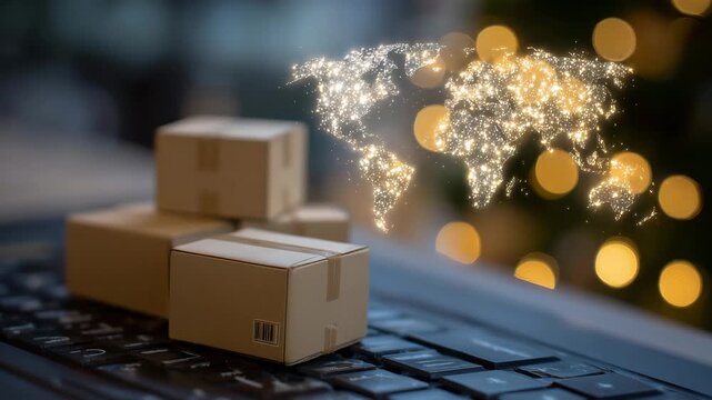 Small cardboard boxes arranged on a computer keyboard, a semi-transparent world map glowing in the background, symbolizing cross-border e-commerce and global trade networks