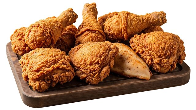 Crunchy breaded fried chicken pieces served on a dark brown wooden platter