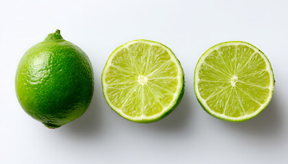 Close up of juicy green limes cut into halves and quarters on white background