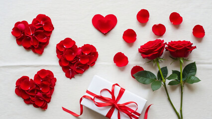 Valentine's Day Composition: Rose Petal Hearts, Two Red Roses, And A White Gift Box On A Neutral Background