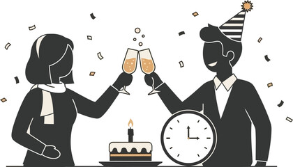 Silhouette of a man and woman celebrating with champagne glasses and a birthday cake at midnight.