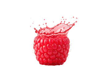 Hyperrealistic macro of a pristine red raspberry with individual drupelets, creating an explosive crimson juice crown splash, frozen in time on transparent background concept for beverage advertising