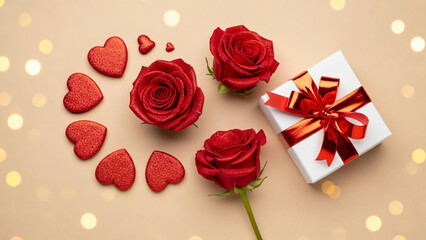 Elegant Flat Lay of Sparkling Red Roses, Glitter Hearts, and a Gift Box with Red Ribbon for Valentine's Day or Anniversary Celebration