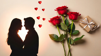 Romantic Silhouette of Couple Embracing Near Red Roses, Floating Hearts, and a Special Gift Box for Valentine's Day