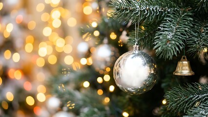Silver Christmas Ornament on a Decorated Tree with Bokeh Lights