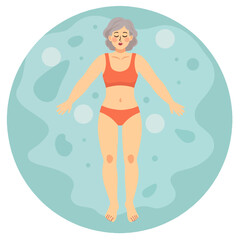 Elderly woman floating in water, wearing swimwear and relaxed expression. Elderly set  
