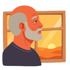 Elderly man looking out the window at sunset with a thoughtful expression. Elderly set 