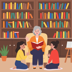 Elderly woman reading a book while sitting in an armchair with two girls. Elderly set  