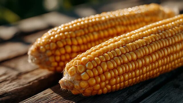 180Macro shot of fresh golden corn cobs lying diagonally on a weathered wooden surface, soft natural light casting gentle shadows, emphasizing texture and vibrant harvest colors