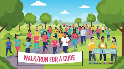 People walking and running for charity on a sunny day in a park with a banner with charity run and walk for a cure and people running and outdoor event