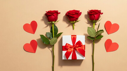 Three Red Roses, White Gift Box With Red Ribbon, and Paper Hearts Arranged on Beige Background for Romantic Holidays