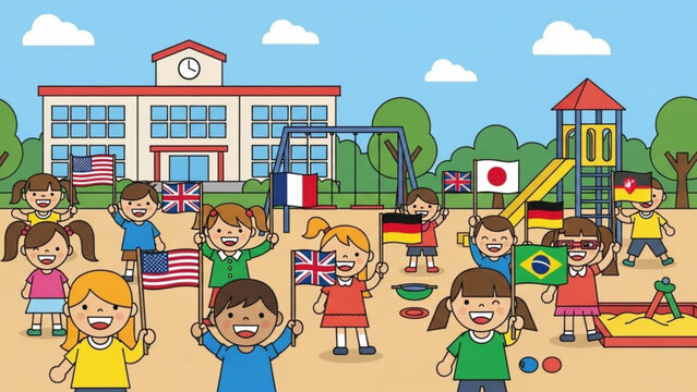 Diverse children holding international flags in a school playground with a colorful play structure and a large school building in the background on a sunny day with blue - Powered by Adobe