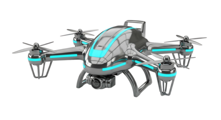 Futuristic Drone with Glowing Lights and Camera Isolated on White Background.